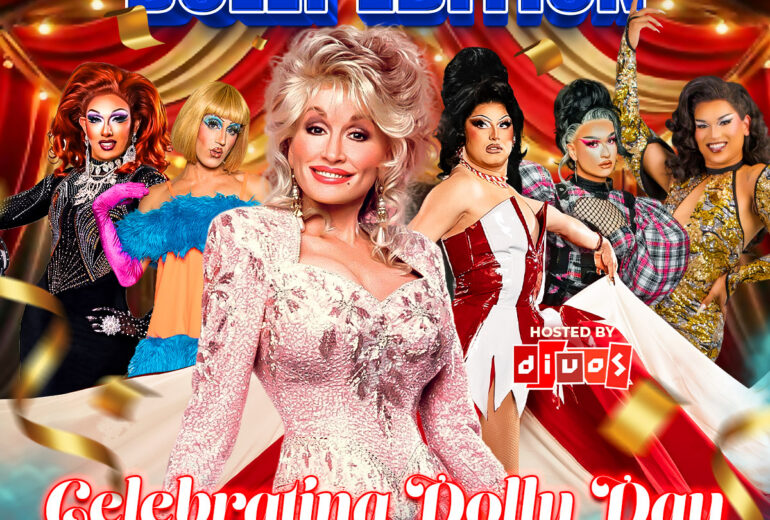 Event poster for “Cirque du So Gay: Dolly Edition” at Micky’s West Hollywood. Text reads “8PM Friday September 25th” and “Celebrating Dolly Day,” hosted by Divos, featuring performances by Angelique Devereaux, Missile Aneous, Average Lavigne, and Seven. Visual shows a central Dolly-inspired figure in a sparkly pink dress with other drag performers on a stage-curtain background with gold confetti, plus venue address 8857 Santa Monica Blvd, West Hollywood, CA 90069 and “Reservations: mickys.com.”