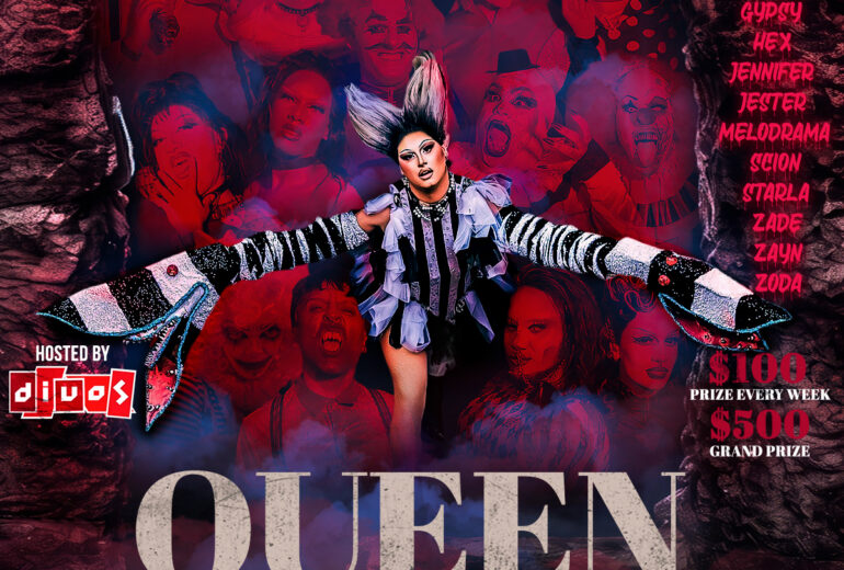 Promotional graphic for “Queen of Halloween” at Micky’s West Hollywood. Text reads “Every Thursday at 8PM” and “A new challenge every week,” hosted by Divos. Horror/Halloween-themed collage of drag and monster imagery in red and blue fog, with “Who will survive?” and a list of contestant names on the right. Prizes listed: $100 prize every week and $500 grand prize. Venue address shown: 8857 Santa Monica Blvd, West Hollywood, CA 90069.