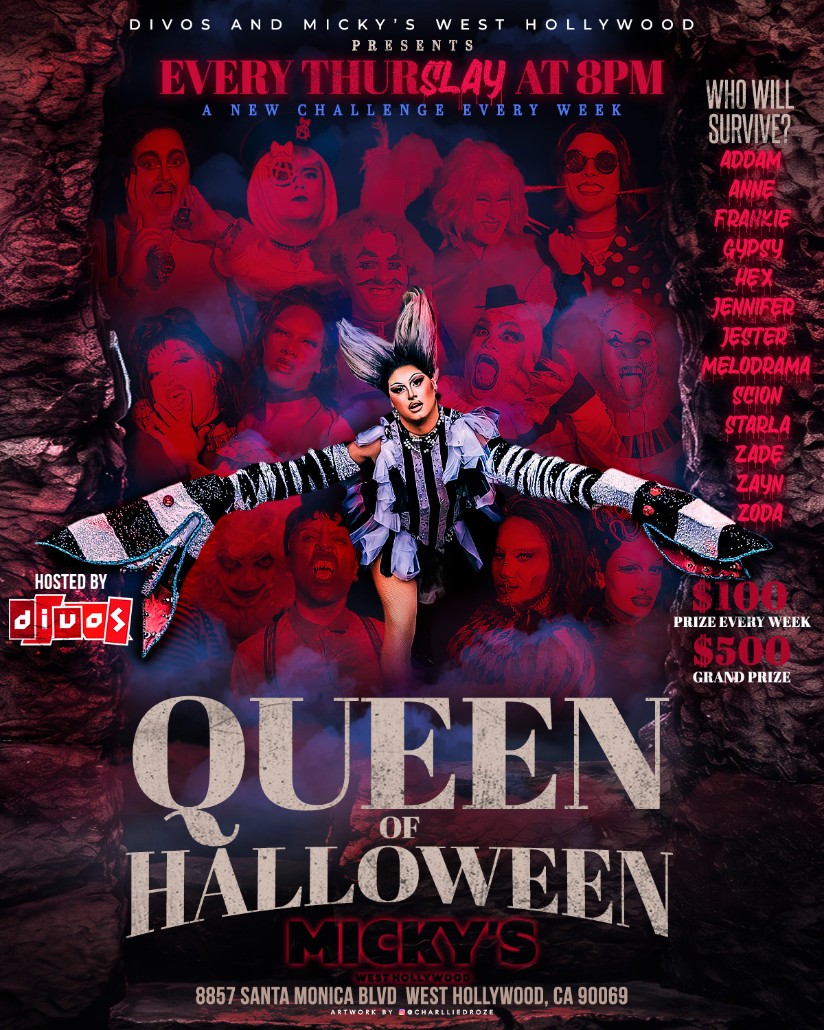 Promotional graphic for “Queen of Halloween” at Micky’s West Hollywood. Text reads “Every Thursday at 8PM” and “A new challenge every week,” hosted by Divos. Horror/Halloween-themed collage of drag and monster imagery in red and blue fog, with “Who will survive?” and a list of contestant names on the right. Prizes listed: $100 prize every week and $500 grand prize. Venue address shown: 8857 Santa Monica Blvd, West Hollywood, CA 90069.
