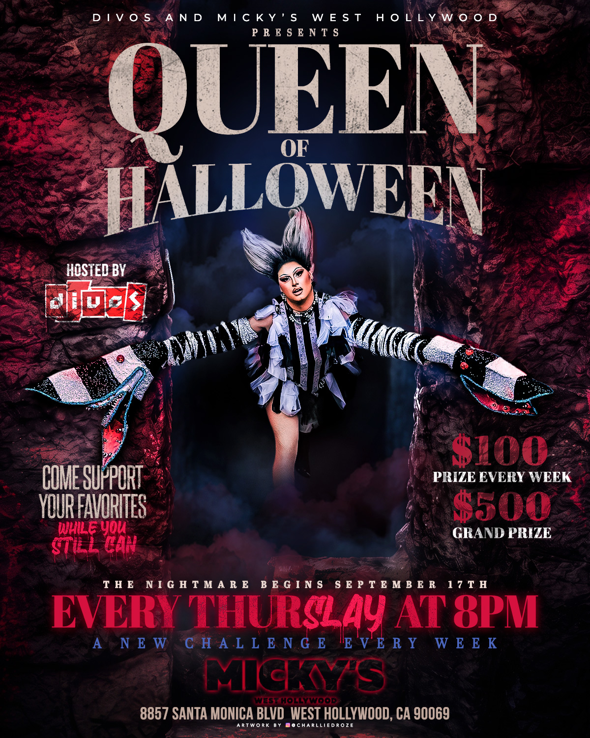Poster for “Queen of Halloween” at Micky’s West Hollywood. Dark red and black spooky design with a drag performer in dramatic costume and striped extended sleeves. Text reads “Divos and Micky’s West Hollywood presents Queen of Halloween,” hosted by Divos, with “$100 prize every week” and “$500 grand prize.” It says “The nightmare begins September 17th” and “Every Thursday at 8PM,” with the address 8857 Santa Monica Blvd, West Hollywood, CA 90069.