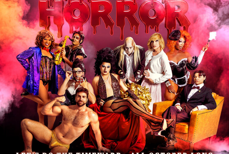 Promo graphic for “Rocky Horror” at Micky’s West Hollywood. Large dripping red ‘ROCKY HORROR’ text under glossy red lips and stage lights, with a cast posed in glam and spooky costumes amid pink fog. Text reads: “Let’s do the timewarp • all October long • Fridays at 8PM • starting Friday October 2nd.” Bottom shows “Micky’s West Hollywood” and address “8857 Santa Monica Blvd, West Hollywood, CA 90069.”