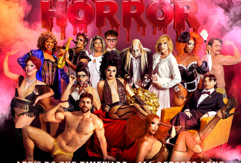 Promotional graphic for “Rocky Horror” at Micky’s West Hollywood with a foggy pink-red stage background, dripping red title text, and a cast collage in costume. Text reads: “Let’s do the timewarp • all October long • Fridays at 8PM • starting Friday October 2nd • Micky’s West Hollywood • 8857 Santa Monica Blvd, West Hollywood, CA 90069.”