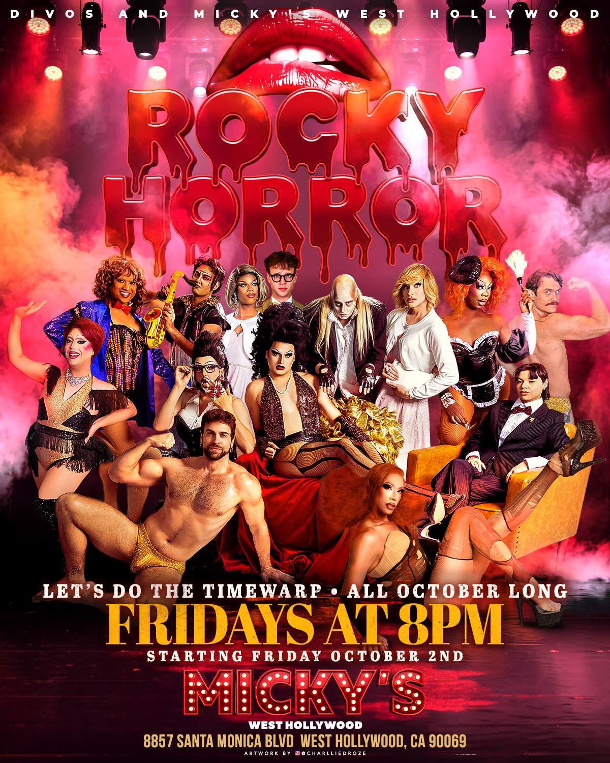 Promotional graphic for “Rocky Horror” at Micky’s West Hollywood with a foggy pink-red stage background, dripping red title text, and a cast collage in costume. Text reads: “Let’s do the timewarp • all October long • Fridays at 8PM • starting Friday October 2nd • Micky’s West Hollywood • 8857 Santa Monica Blvd, West Hollywood, CA 90069.”