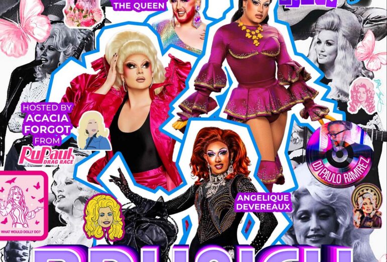 Promotional poster for “Parton NY Brunch: A Celebration of Dolly” at Micky’s West Hollywood. Text reads “1PM Saturday October 3.” Dolly-inspired pink and purple design with butterfly accents and black-and-white Dolly imagery in the background. Featured performers shown in cutout photos: Acacia Forgot (host, from RuPaul’s Drag Race), DjDos (host), Alexander the Queen, Angelique Devereaux, plus DJ Paulo Ramirez. Bottom includes Micky’s logo, the address 8857 Santa Monica Blvd, West Hollywood, CA 90069, and “Get your tickets at mickys.com.”