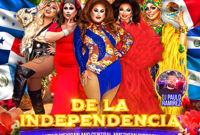 Promotional flyer for Micky’s West Hollywood: “Sunday September 20th – Las Reinas de la Independencia,” celebrating Mexican and Central American Independence. Features five drag performers posed in front of Mexican and Central American flags, with a badge reading “DJ Paulo Ramirez.” Text notes hosted by Robbie Ossa with special guests Missy Vee, Paradox, Miss Chiquis, and Ms. Luna; includes address 8857 Santa Monica Blvd, West Hollywood, CA 90069 and tickets at mickys.com.