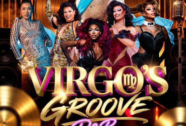 Event poster for “Virgo’s Groove: R&B” at Micky’s West Hollywood. Gold disco-themed design with a large ‘Virgo’s Groove’ title and neon ‘R&B.’ Text reads ‘8PM MON SEPT 14’ and ‘Hosted by Virgo, Please! Winner of The Hunty Games 2026.’ Performers listed: Brandi Tisci, Seven, Marci Morningstar, Daphne Summers Ferragamo, and Kit D. Crooks. Bottom includes Micky’s West Hollywood, 8857 Santa Monica Blvd, West Hollywood, CA 90069, and ‘Reserve your seat at Mickys.com now.’