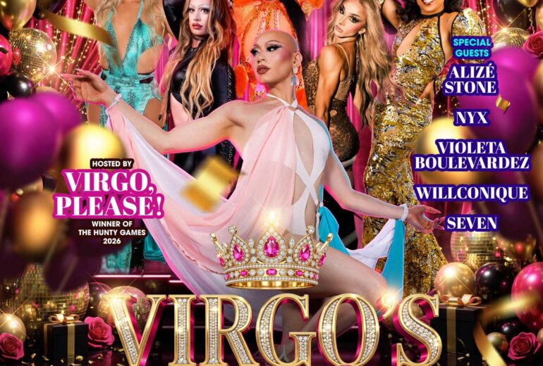 Promo poster for “Virgo’s Birthday Party” at Micky’s West Hollywood. Top text reads “8PM Monday September 21st.” The design features a pink and gold party backdrop with balloons, confetti, disco balls, and five drag performers posing in glam outfits. Text lists: Hosted by Virgo, Please! and special guests Alizé Stone, Nyx, Violeta Boulevardez, Willconique, and Seven. Bottom includes the venue address 8857 Santa Monica Blvd, West Hollywood, CA 90069 and “Reserve your seat at mickys.com now.”