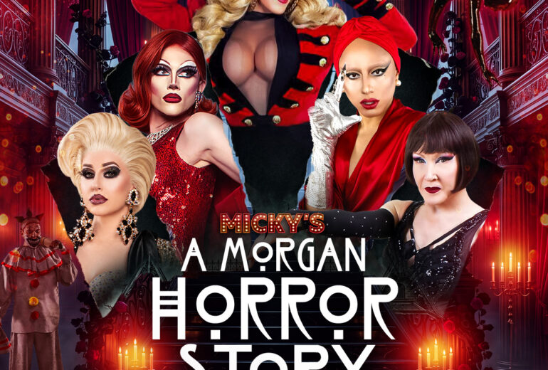 Event poster for Micky’s WeHo presents “A Morgan Horror Story” at 8 PM Saturday, October 24. The design features a dark gothic mansion interior with red lighting, candles, and eerie clown imagery, plus five drag कलाकार portraits. Text lists performers Dani Kay, Penny Dreadful, host Morgan McMichaels, Judas Joe Manson, and Dolly Levi. Bottom text shows the venue address 8857 Santa Monica Blvd, West Hollywood, CA 90069 and notes tickets at mickys.com.