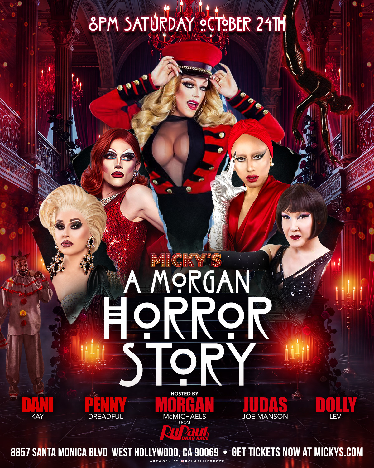Event poster for Micky’s WeHo presents “A Morgan Horror Story” at 8 PM Saturday, October 24. The design features a dark gothic mansion interior with red lighting, candles, and eerie clown imagery, plus five drag कलाकार portraits. Text lists performers Dani Kay, Penny Dreadful, host Morgan McMichaels, Judas Joe Manson, and Dolly Levi. Bottom text shows the venue address 8857 Santa Monica Blvd, West Hollywood, CA 90069 and notes tickets at mickys.com.