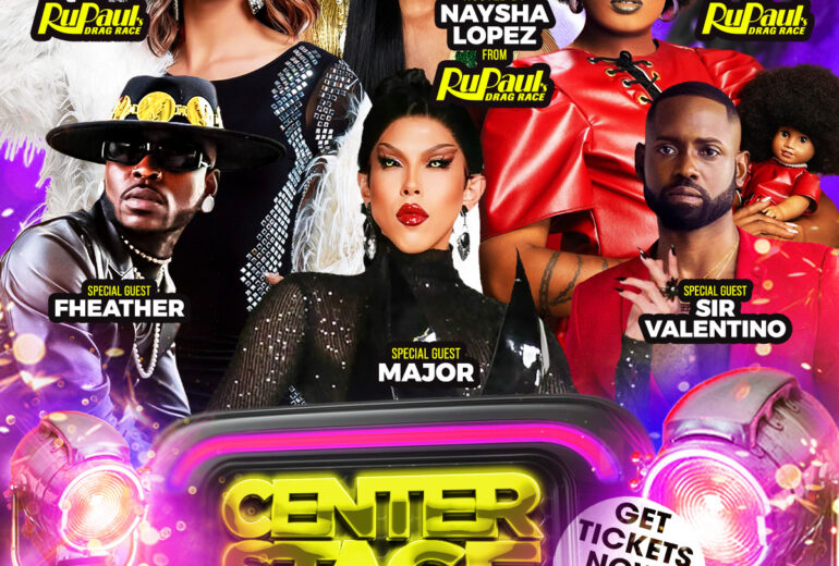 Event poster for “Center Stage at Micky’s” at Micky’s West Hollywood. Text reads “8PM Saturday October 10th.” Neon purple and gold design with stage-light graphics and performer photos. Hosted by Naysha Lopez (RuPaul’s Drag Race) with special guests Trinity The Tuck (RuPaul’s Drag Race), Dida Ritz (RuPaul’s Drag Race), Fheather, Major, and Sir Valentino. Bottom lists venue address: 8857 Santa Monica Blvd, West Hollywood, CA 90069, and a callout saying “Get tickets now.”
