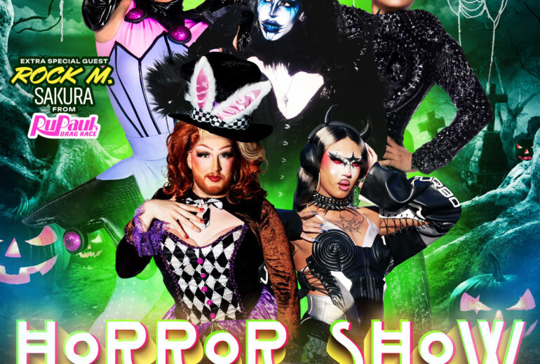 Promo poster for Micky’s West Hollywood presents “Horror Show!” at 8 PM Saturday, October 17. Green spooky backdrop with cobwebs, bats, and jack-o’-lanterns, featuring five drag performers in dramatic horror-inspired makeup and costumes. Text highlights extra special guest Rock M. Sakura (from RuPaul’s Drag Race). Hosted by Seven, with special guests Banshee Belfry, Alexander The Queen, and Ally Star. Bottom includes Micky’s address at 8857 Santa Monica Blvd, West Hollywood, CA 90069 and notes to reserve a seat at mickys.com.