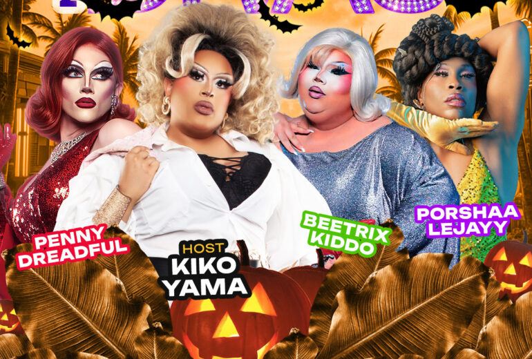 Orange Halloween-themed flyer for “Brunch with the Divas” at Micky’s West Hollywood. Large purple glitter text “DIVAS” with bats, palm trees, and jack-o’-lanterns. Shows four drag performers pictured with names: Penny Dreadful, host Kiko Yama, Beetrix Kiddo, and Porshaa LeJayyy. Badge in the top right reads “1PM SAT OCT 10TH.” Bottom highlights include “Bottomless mimosas,” “Perfect for large groups: birthdays, bachelorettes & more,” and DJ Paulo Ramirez. Address listed: 8857 Santa Monica Blvd, West Hollywood, CA 90069 with reservations at Mickys.com.