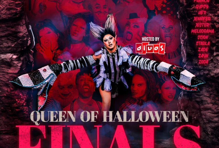 Poster for Micky’s West Hollywood event “Queen of Halloween Finals.” Top text reads “Divos and Micky’s West Hollywood present,” with “8 PM Thursday 10.29.26.” Dark smoky red-and-black horror theme with a drag performer centered and a collage of spooky character faces. Right side lists competitors: Addam, Anne, Frankie, Gypsy, Hex, Jennifer, Jester, Melodrama, Scion, Starla, Zade, Zayn, Zoda. Bottom includes venue address 8857 Santa Monica Blvd, West Hollywood, CA 90069 and “Reserve your seat at Mickys.com.”