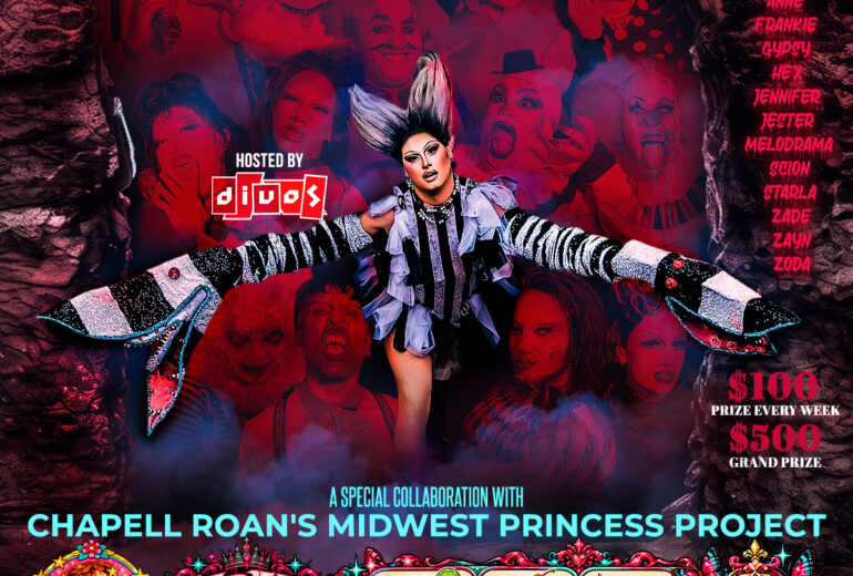 Event poster for “Queen of Halloween” at Micky’s West Hollywood. Text reads “8PM Thursday October 22nd” and “Queen of Halloween.” Dark red-and-black Halloween-themed design with spooky faces and a central drag performer. Right side lists performers: Addam, Anne, Frankie, Gypdgy, Hex, Jennifer, Jester, Melodrama, Scion, Starla, Zade, Zayn, Zoda. Notes prizes: $100 prize every week and $500 grand prize. Mentions a special collaboration with Chappell Roan’s Midwest Princess Project, free collectible pins and mini posters, featured cocktails, and that some proceeds benefit the Midwest Princess Project. Bottom shows address 8857 Santa Monica Blvd, West Hollywood, CA 90069 and “Reserve your seat at mickys.com.”
