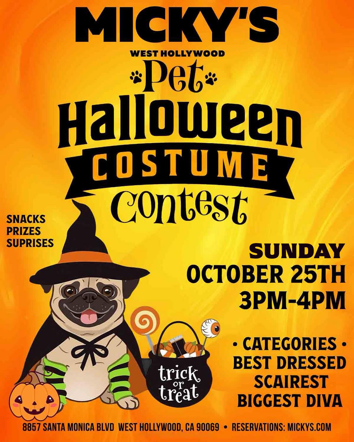 Orange and yellow poster for Micky’s West Hollywood “Pet Halloween Costume Contest,” Sunday October 25th, 3 PM–4 PM. Features a cartoon pug in a witch costume with a trick-or-treat bucket. Text mentions snacks, prizes, surprises, and categories: Best Dressed, Scariest, Biggest Diva. Address listed: 8857 Santa Monica Blvd, West Hollywood, CA 90069, plus reservations at mickys.com.