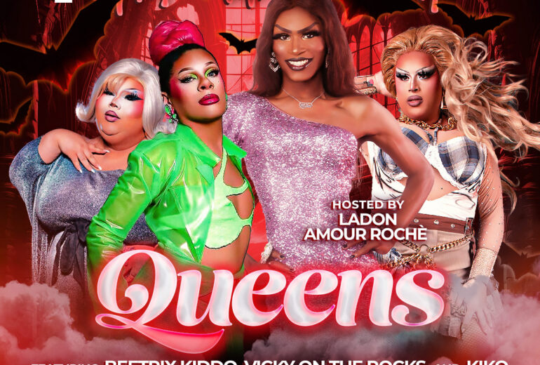 Promo flyer for Micky’s WeHo “Spooky Queens” on Saturday, October 17th at 1 PM. Red-and-black spooky design with bats and a haunted window backdrop, featuring four drag artists. Text reads: hosted by Ladon Amour Rochè; featuring Beetrix Kiddo, Vicky On The Rocks, and Kiko; DJ Paulo Ramirez. Mentions bottomless mimosas, great for large groups, and reservations at mickys.com. Address: 8857 Santa Monica Blvd, West Hollywood, CA 90069.