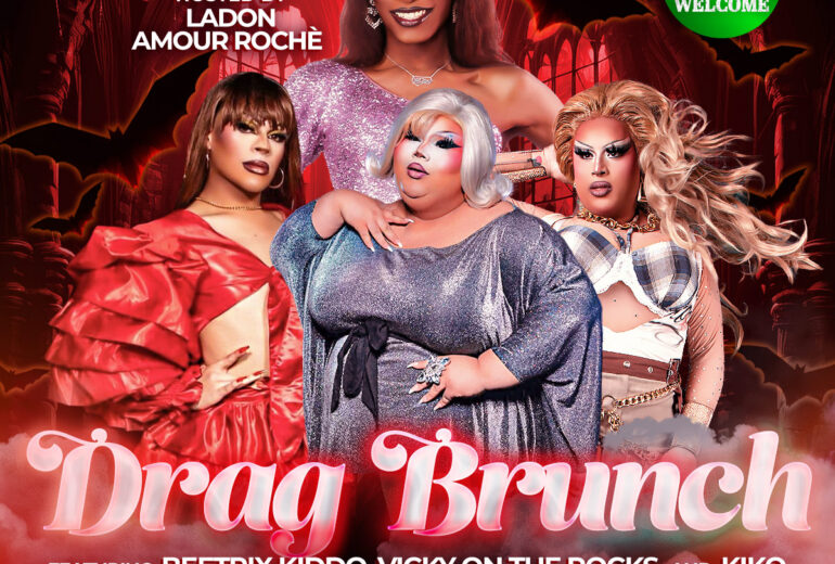Poster for “Halloween Queens” Drag Brunch at Micky’s West Hollywood. Reads “1PM Saturday October 31st” with dripping Halloween-style lettering and “Costumes Welcome.” Hosted by Ladon Amour Rochè. Featuring Beetrix Kiddo, Vicky On The Rocks, and Kiko, with DJ Paulo Ramirez. Mentions bottomless mimosas and that it’s perfect for large groups; includes address 8857 Santa Monica Blvd, West Hollywood, CA 90069 and “Make reservations at Mickys.com.”