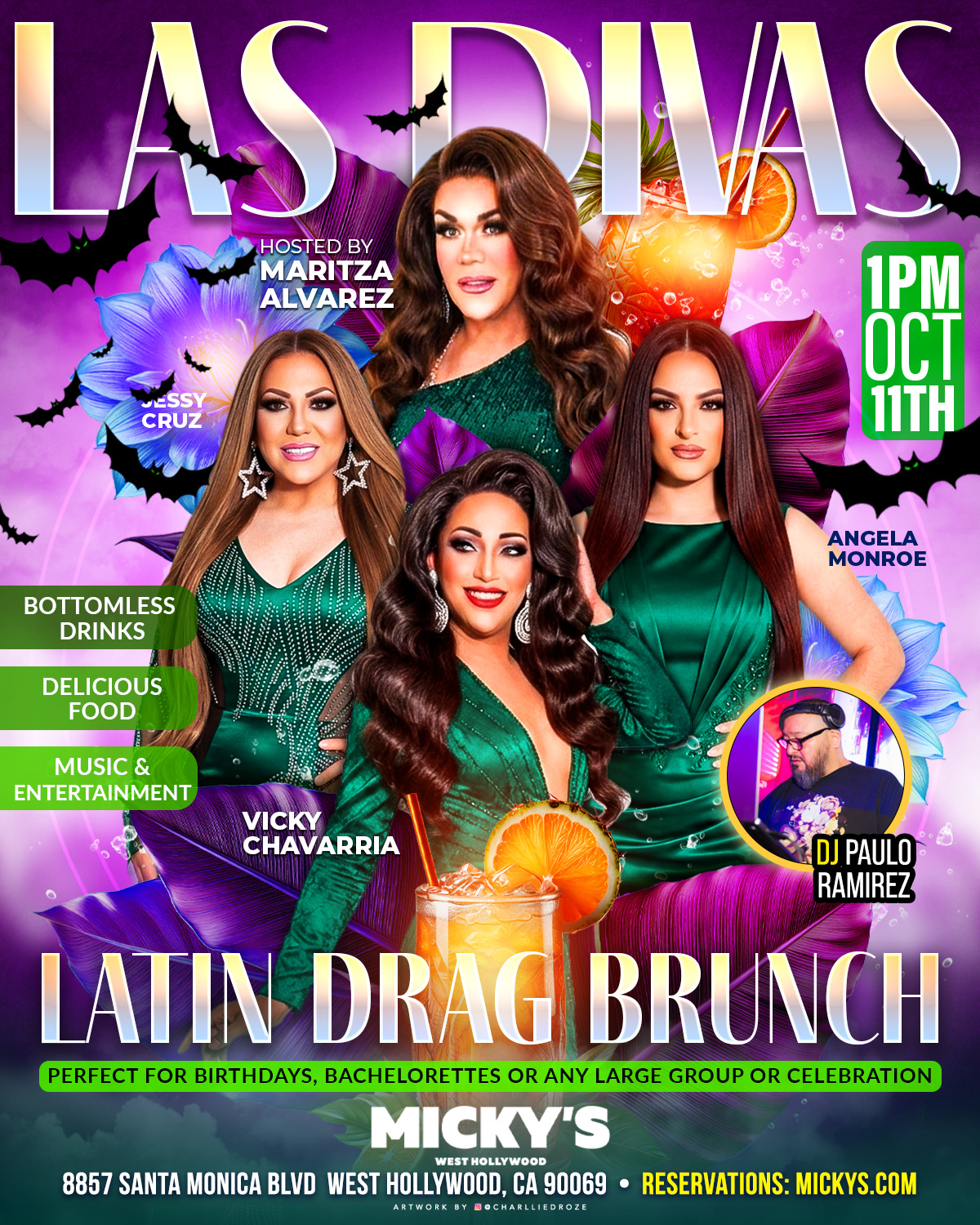 Purple, tropical-themed poster for “Las Divas: Latin Drag Brunch” at Micky’s West Hollywood. Text highlights 1 PM on Oct 11th. Hosted by Maritza Alvarez with performers Jessy Cruz, Vicky Chavarria, and Angela Monroe, plus DJ Paulo Ramirez. Mentions bottomless drinks, delicious food, and music & entertainment, with a cocktail and citrus imagery and bat accents. Venue info: 8857 Santa Monica Blvd, West Hollywood, CA 90069; reservations at mickys.com.