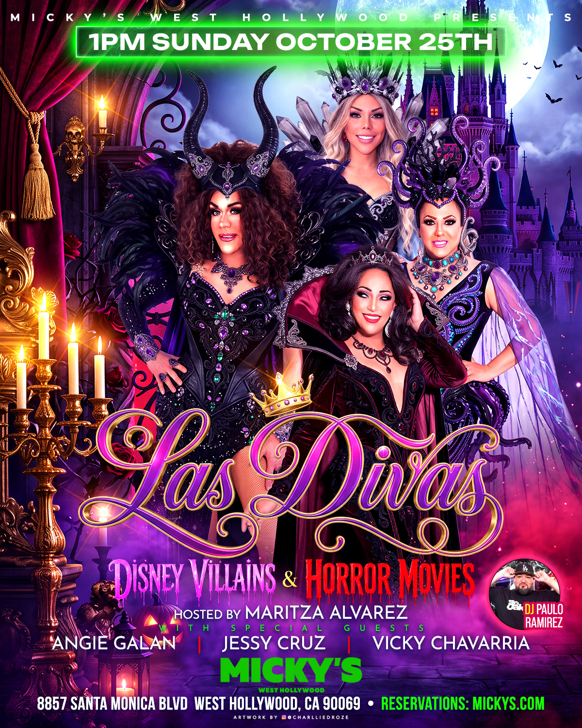 Promotional poster for Micky’s West Hollywood presents “Las Divas” at 1 PM Sunday, October 25. Theme reads “Disney Villains & Horror Movies.” Four drag performers in elaborate dark fantasy costumes pose in front of a castle and moonlit spooky backdrop with candles and purple-green lighting. Text lists hosted by Maritza Alvarez with special guests Angie Galan, Jessy Cruz, and Vicky Chavarria, plus DJ Paulo Ramirez. Address shown: 8857 Santa Monica Blvd, West Hollywood, CA 90069, and reservations at mickys.com.