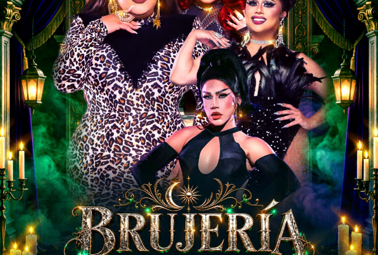 Promotional poster for Micky’s West Hollywood: “Brujeria Latin Drag Brunch” at 1 PM on Sunday, October 18th. Green-gold gothic archway design with candles and smoky lighting, featuring four drag performers. Text notes hosted by Robbie Osa with special guests Ivy Colby, Missy Vee, and Marta Beatchu. Address: 8857 Santa Monica Blvd, West Hollywood, CA 90069, and tickets at mickys.com.