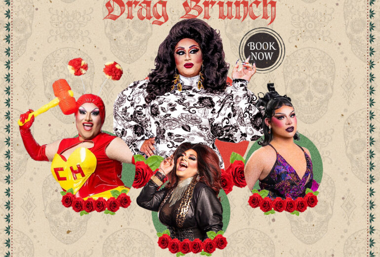 Flyer for “Dia de los Muertos Drag Brunch” at Micky’s West Hollywood. Vintage parchment-style background with subtle skull patterns and a decorative border, red roses, and four drag performer photos. Text reads: 1 PM Sunday Nov. 1st. Hosts and performers listed: Host Robbie Osa, Isadora Spreads, Bella Farrow, Artz Black, DJ Paulo Ramirez. Mentions bottomless drinks, music, food, and drag shows, plus “Book Now” and tickets at mickys.com. Address: 8857 Santa Monica Blvd, West Hollywood, CA 90069.