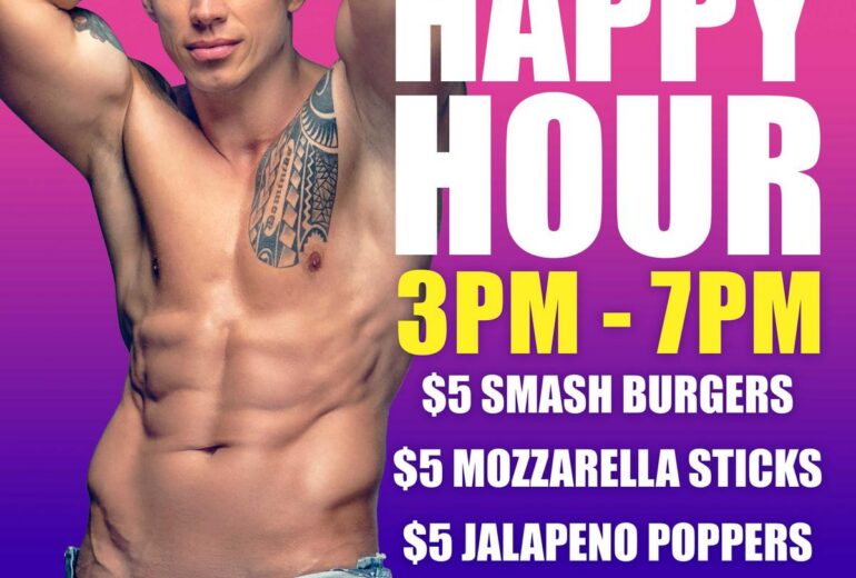 Micky's West Hollywood Saturday Happy Hour 3PM-7PM: $5 smash burgers, mozzarella sticks, jalapeno poppers, well drinks, Coors Lite and house wine, $9 Ketel One.